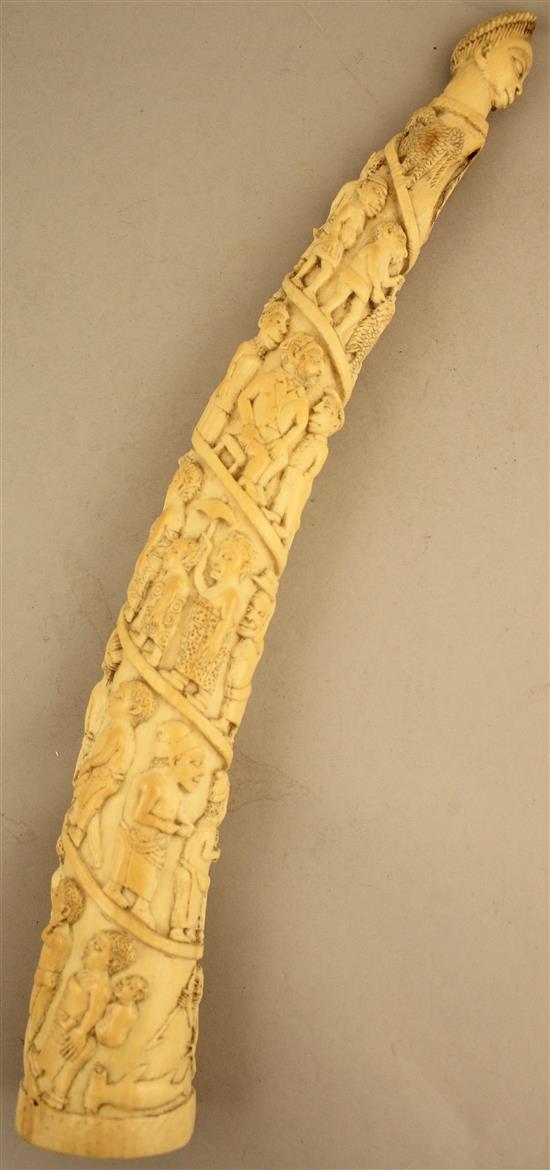 An early 20th century Belgian Congo carved ivory oliphant, 16.5in.